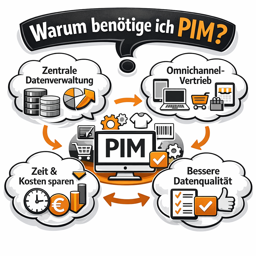 Symbolgrafik: Warum PIM in Unternehmen ben&ouml;tigt wird: Datenqualit&auml;t, Omnichannelvertrieb, zentrale Datensteurung und Effizienz